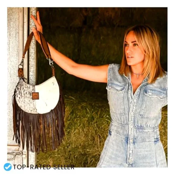 Genuine Leather Hobo Handbag Western Fringe Top Handle Removable Strap Chic